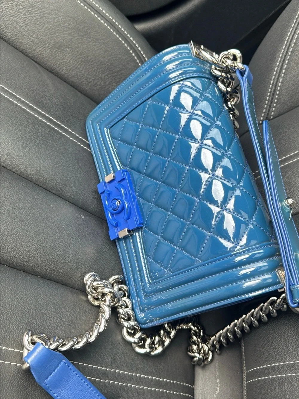CHANEL Blue Quilted Plexiglass Boy Crossbody with Silver Chain